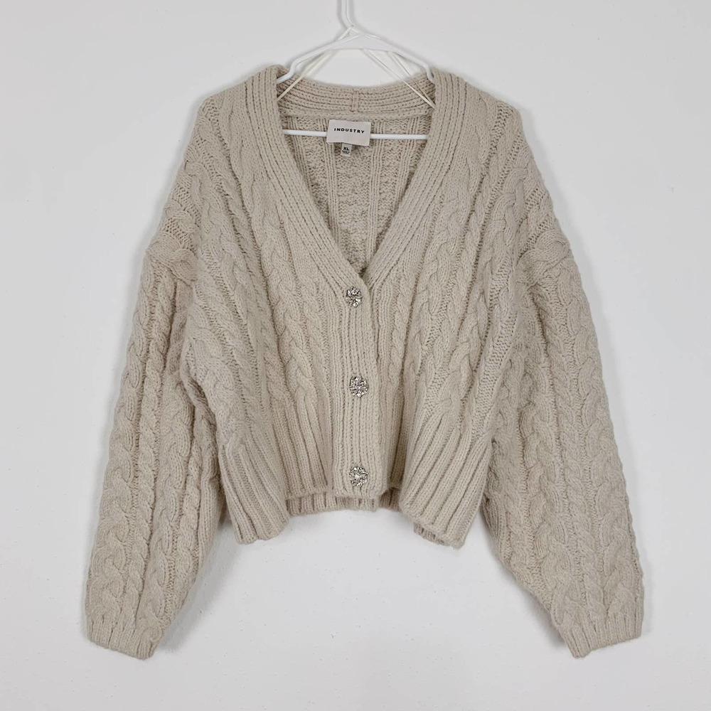 Industry Clothing Beige Jewel Chunky Cable Knit Cardigan